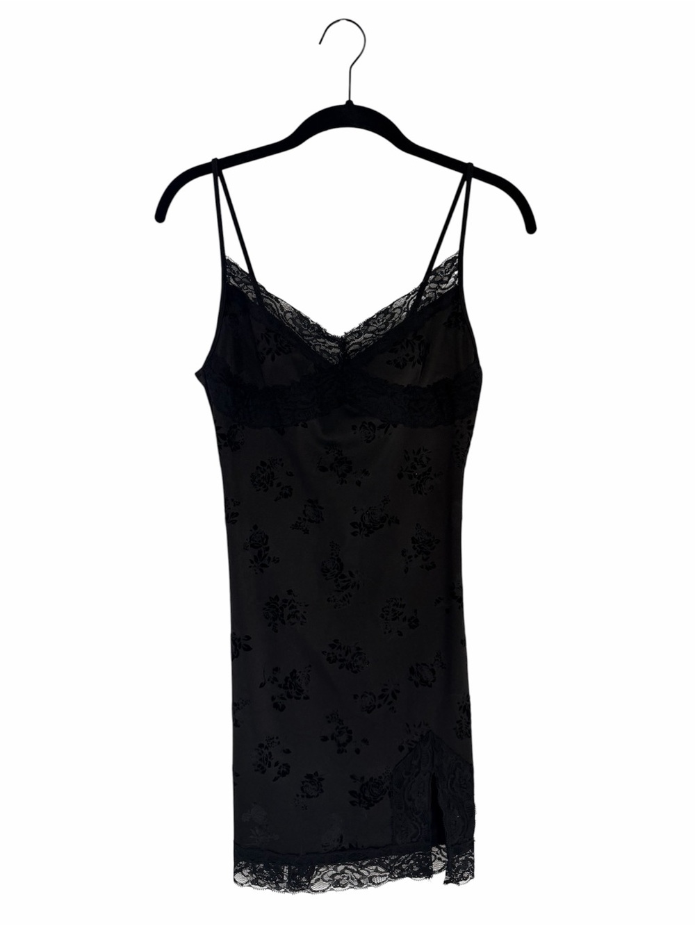 Motel Rocks Black Lace-Trim Floral Mini Slip Dress